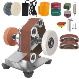 Mini Belt Sander, 7 Adjustable Speed -15 Degree Professional Electric Bench Grinder with Double Grinding Wheels, Small Grinder Burnishing for DIY Woodworking, Metal Grinding and Knife Making