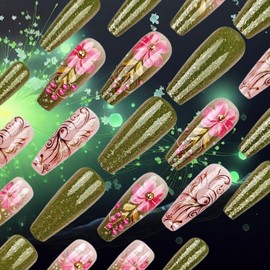 24Pcs Summer Flower Press on Nails Leaves Acrylic Long Coffin Fake Nail Pearls Stick on Fingernails Glossy Green Glitter False Nails 3D Fruit Cherry Gel Glue on Nail for Coquette Women Girls