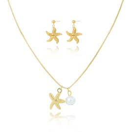 SANDOO Starfish Pearl Necklace and Earrings Gold Plated - Necklace and Earring Sets for Women,Starfish Pendant Necklace,Dainty Starfish Summer Jewelry Set,Birthday Valentines Christmas Gift, Medium,