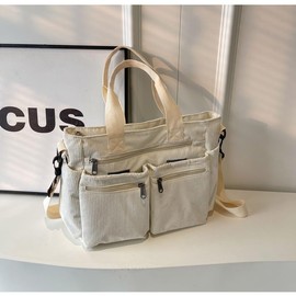 Valleycomfy Cord Women's Shoulder Bag Medium Tote Bag Corduroy Crossbody Bag Women Shopper Shoulder Bag for Work Office Travel Shopping School, White