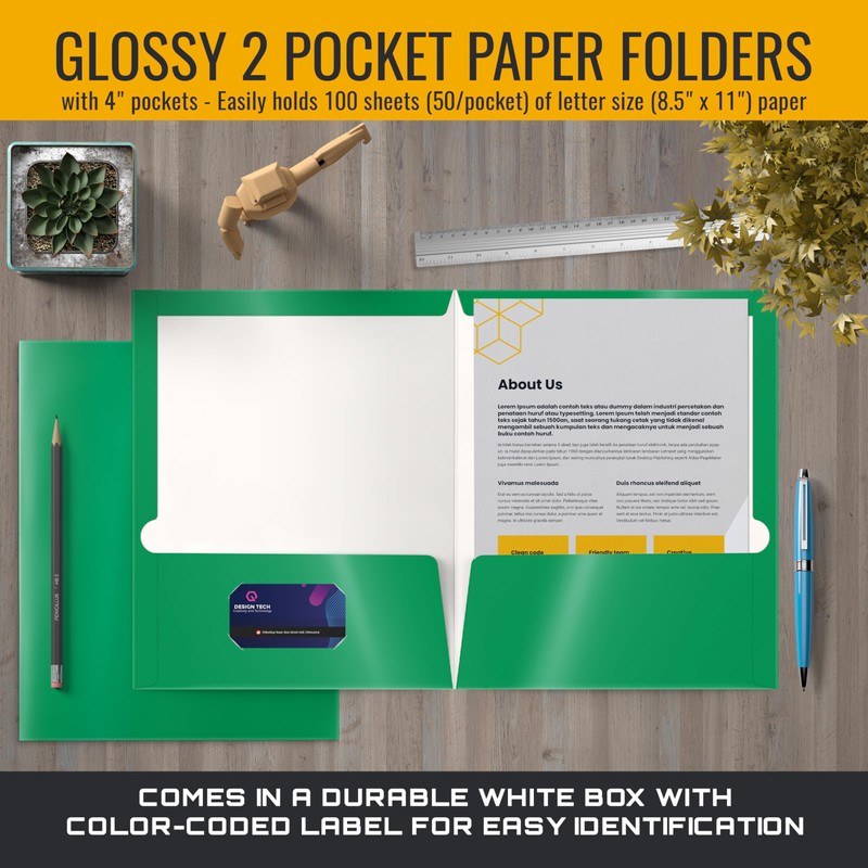 Better Office Products 2 Pocket Glossy Laminated Green Paper Folders,