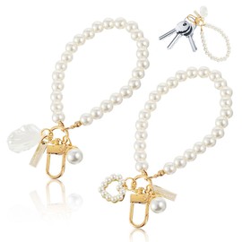 2 Pieces Pearl Keychain Wristlet Golden Imitation Pearl Key Chain Women Cute Purse Charms Pendant Love Heart Girly Backpack Key Ring Accessory Gift for Car Keys