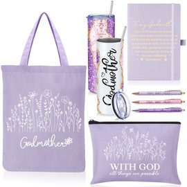 Patelai 7 Pack Godmother Proposal Gifts Set for Women 20 oz Stainless Steel Tumbler with Straw Godmother Bag Canvas Cosmetic Bag A5 Diary Journal Ballpoint Pens for Godmom Gifts from Godchild(Purple)