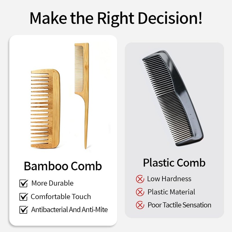 2pcs Bamboo Hair Comb Set, Natural Bamboo Wood Tail Combs