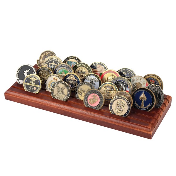Samplife Challenge Coin Display Holder, 6 Rows Military Coin Rack Stand Holds 42 coins,Challenge Coins Holders Display 100% Solid Wooden Army Collectible Shelf Display Holder Racks