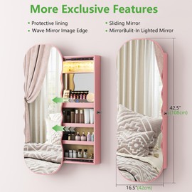 HNEBC LED Mirror Jewelry Cabinet, 47.2" Wall Mounted Jewelry Organizer with Lights, Over The Door Hanging Rounded Jewelry Armoire, Wall Full Length Mirror with Storage, Christmas Gifts,Pink