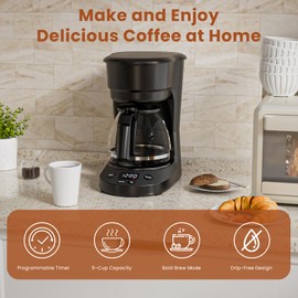 WAA 5 Cup Drip Coffee Maker, Portable Coffee Machine with Programmable Timer, 2H Auto Shut-Off, Delay Brew, Keep Warm Plate, 25oz Water Reservoir, Reusable filter, Black