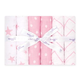 Bloomsbury Mill - 100% Organic Cotton Muslin Cloths for Baby – Breathable & Soft Muslin Squares Burp Cloths – Newborn Essentials Gift in Variety of Pink & White Designs - 70cm x 70cm (pack of 6)