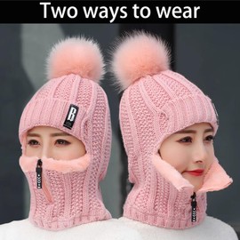 WANYIG 2 in 1 Winter Knitted Hat Scarf Hat Set Winter Hat Beanie Women's Warm Loop Knitted Scarf Windproof Cap with Fleece Lining 55-60 cm, pink