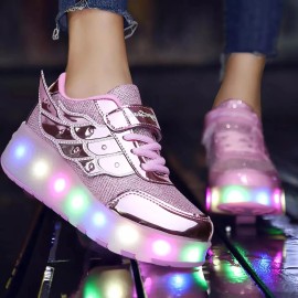 Tenis Patín con Luces LED y 2 Ruedas Extraíbles – Para Niña – Color Rosa – Talla 19 (Números 17 a 21)