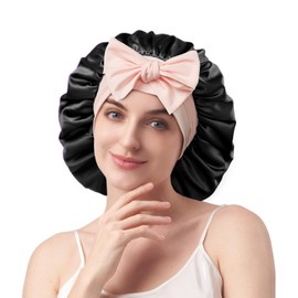 YFONG 100% 22 Momme Mulberry Silk Bonnet for Sleeping Women, Double-Layer Silk Hair Wrap with Adjustable Straps to Prevent Slipping,Luxurious Women's Sleep Cap for Hair Care, Pink+Black