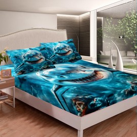 jejeloiu Kids Shark Bed Sheet Set Twin Size, Ocean Sea Animal Fitted Sheet Sea Underwater World Bedding Set Boys Girls Teens Bedroom Decor Bed Set 2Pcs (No TOP Sheet)