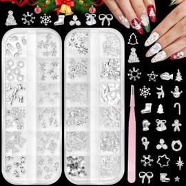 Christmas Nail Charms, Silver Snowflake Claus Gloves Nail Rivets Charms, Bell Wreath Metal Nails Rivets, Silve Rivet Nails Studs for Christmas Nails Art DIY Supplies