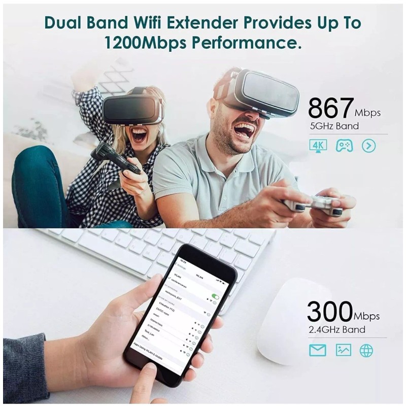 rock space WiFi Extender, AC1200 WiFi Repeater Coverage Up to