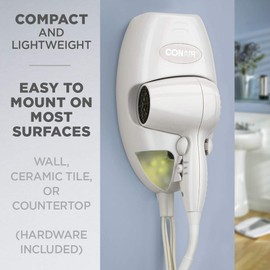 Conair Wall-Mount Hair Dryer, 1600W Blow Dryer with LED Night Light