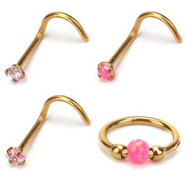 Mikovivi 4pcs Stainless Steel Nose Rings, L Shaped Nose Studs Steel Hinged Clicker Segment Rings Hoop for Nostril Septum Cartilage Helix Rook Earlobe Lip Piercings(Pink)