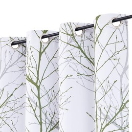 Green White Blackout Curtains 96 inches Long Grey Forest Tree Branch Print Window Panels with Grey Curtain Liner for Bedroom Living Room Thermal Insulated Curtain Drapes Grommet Top 50"w x 2Pcs