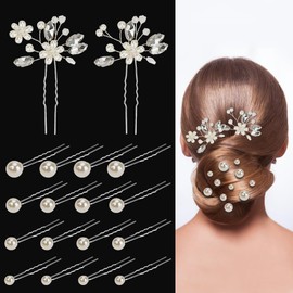 WRENYZK 18 Pcs Bride Hair Pins, Diamond Bobby Pins for Hair, Flower Pearl Bobby Pins, Rhinestone Bridal Hair Piece, Pearl Hair Accessories, U Shape Barrette for Brides Bridesmaid Girls Women(Sliver)