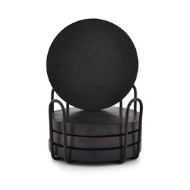 EDHAS Acacia Wood Black Coaster Set of 4 With Iron Holder Coffee Table Décor Tabletop Protection Décor (Coaster Size - 10.16cm x 10.16cm x 1.27cm, Holder Sze - 11.43cm x 11.43cm x 6.99cm)