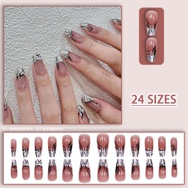 24Pcs French Tip Press on Nails Square Medium-Length False Nails with Zebra Print Designs Glossy Acrylic Pink Black Full Cover False Nails Tips for Women Girls Home DIY