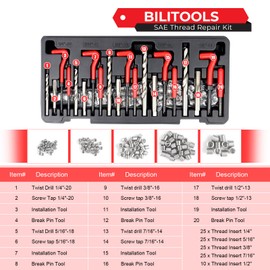 BILITOOLS Helicoil Thread Repair Kit SAE, 131-Piece HSS Drill Heli Coil Repair Kits 1/4" 5/16" 3/8" 7/16" 1/2"