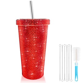 SlowVibes Bling tumbler Cup,Glitter Tumbler with 6 Pcs Straw Brushes 1 Pcs Cup Brush,Rhinestone Water Bottle with Straw Lid,Stainless Steel Double Wall Vacuum Thermal Red Cup for Women, 16.9oz