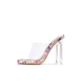 Cape Robbin Pensy Clear Chunky Block High Heels for Women, Transparent Open Toe Mules Shoes Heels for Women - Spiral Size 8