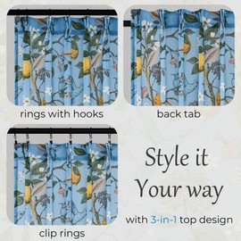 Drapenova Blue Floral Curtains 84 Inch Length 2 Panels Semi Sheer Drapes with Watercolor Flower Hummingbird Paradise Design for Living Room Bedroom Rustic French Country Pinch Pleated Linen Drape