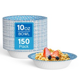 MUCHII 10 Oz Paper Bowls 150 Count Small Bowls, Blue Printed Soak Proof Disposable Bowls for Snacks, Dessert, And Light Lunch Meals