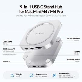 Mac mini M4 Dock, No WiFi Interference PULWTOP Mac mini M4 Hub Stand with M.2 SSD Enclosure (SSD NOT Included), for Mac mini M4 and M4 Pro 2024 with 4K60Hz HDMI, 3 x USB A 2.0, SD/TF, 3.5mm Audio/Mic