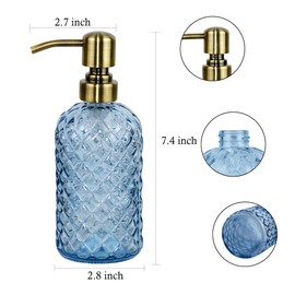 16 oz Glass Soap Dispenser with Vintage Gold Pump, Refillable Hand Soap Dispenser for Kitchen and Bathroom (Blue)