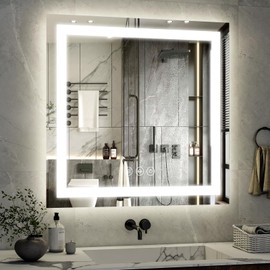 XRAMFY 40"x 40" LED Bathroom Mirror, Backlit + Front Lit, LED Bathroom Mirror with Lights for Wall, 3 Colors, Anti-Fog, Dimmable Brightness, Memory Function, Tempered Glass