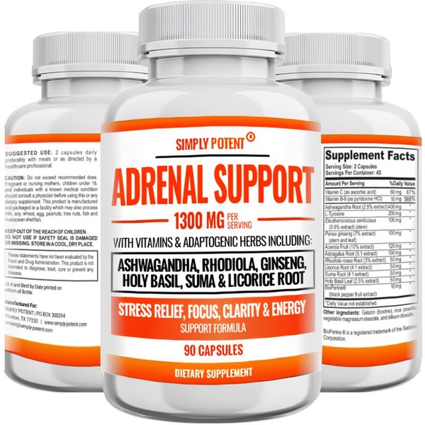 Adrenal Support and Cortisol Manager - 90 Capsules, Adrenal Health Supplement with Ashwagandha, Licorice Root, Rhodiola Rosea, Ginseng, Holy Basil for Adrenal Fatigue for Women & Men