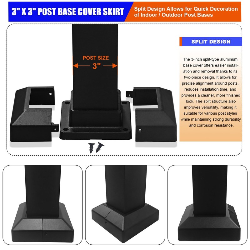 Aluminum Split Post Base Cover fit 3" Post, Decorative Square