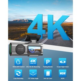Dash Cam 4K Front, Built-in WiFi Dash Camera for Cars, 1.47''IPS Screen Mini Dashcam with APP, 170°Wide Angle, 24H Parking Monitor, Night Vision, WDR, G-Sensor, with 64G SD Card, Support 256GB Max