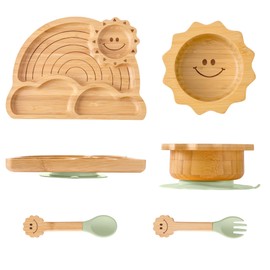 Bamboo Suction Plates Bowls Set for Baby Toddler - Includes Bamboo Bowl, Divided Plate, Silicone Fork & Spoon, All-Natural Baby Feeding Set for Baby-Led Weaning