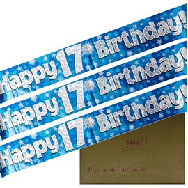 9ft Banner Happy 17th Birthday Blue Holographic Foil Pennant Age 17