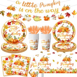A Little Pumpkin is On The Way Baby Shower Decorations, 142Pcs Little Pumpkin Baby Shower Decorations Little Pumpkin Plates and Napkins,Cups,Banner,Tablecloth for Fall Baby Shower Decorations