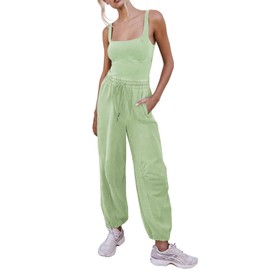 Outfeel Women's Sleeveless Summer Jumpsuit Square Neck Drawstring Waist Long Romper Jumpers 2025 with Pockets Pistachio Green X-Large
