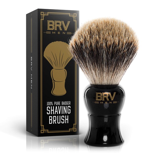 BRV MEN Shaving Brush LARGE - Pure Badger Hair - Badger Brush - Rich Lather - Shave Brush - Use with Double-Edge Safety Straight Razor or Shaving Bowl - Genuine Badger Bristles - Black