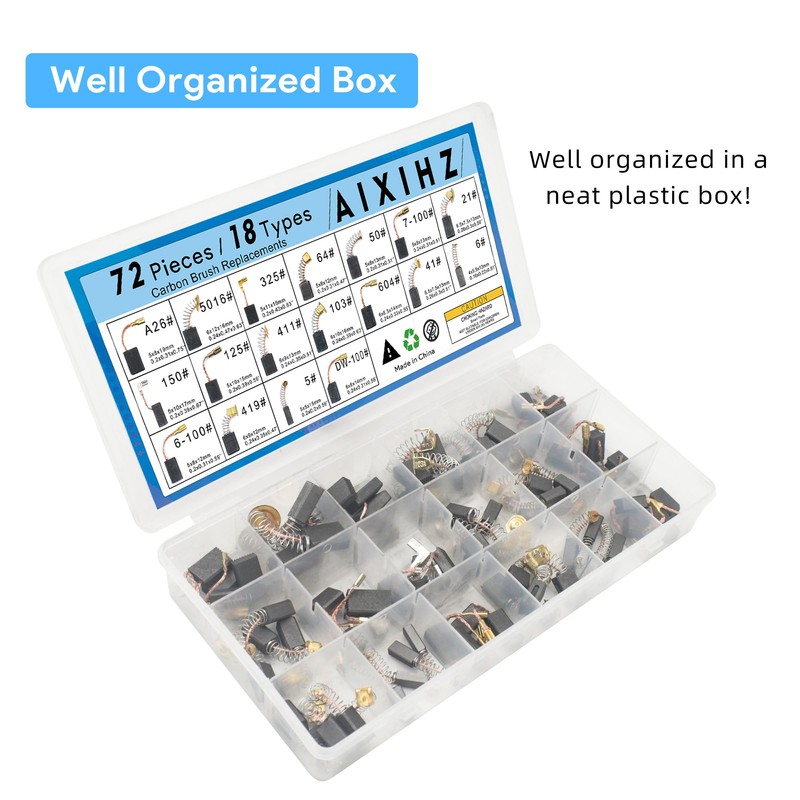 72PCS Carbon Brushes Set, 18 Sizes for Power Tools &