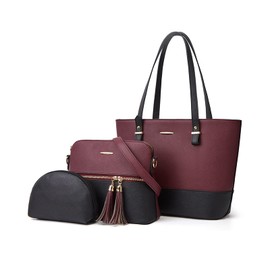 PORRASSO Women's Large Purple Tote & Shoulder Bag Set with Wallet - 3pcs Set for School Work Travel