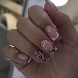 White French Tips Press on Nails Short Square Fake Nails Rhinestone Leopard Print Design Glue on Nails Glossy French Acrylic Full Cover Artificial False Nails Reusable Stick on Nails for Women 24PCS