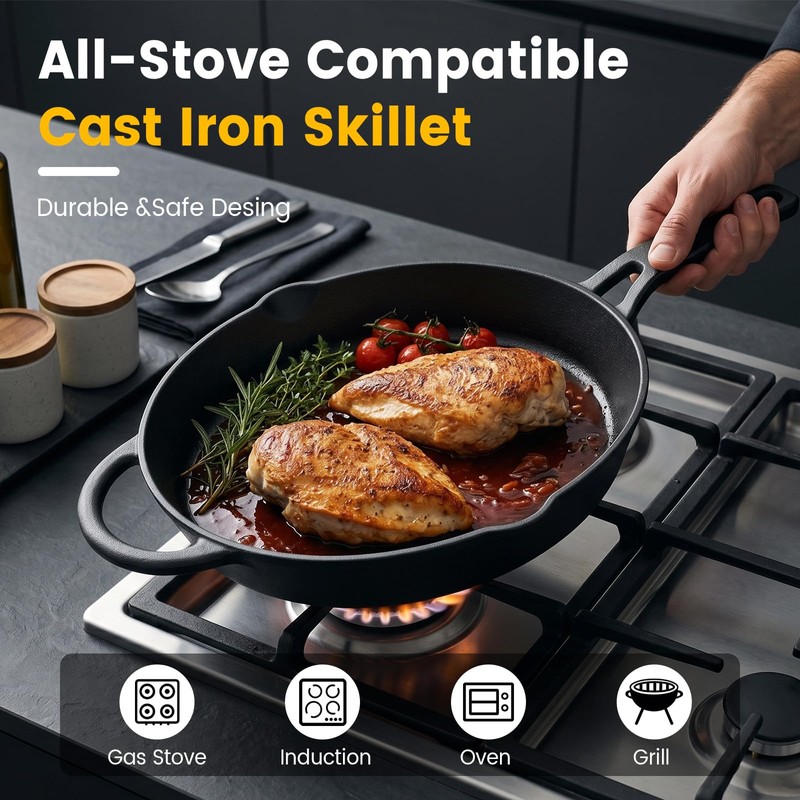 10 Inch Cast Iron Skillet, Pre-Seasoned Frying Pan with Dual