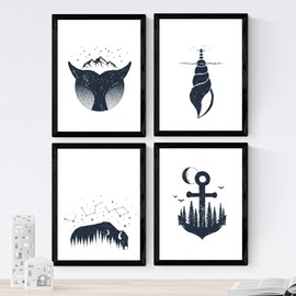Nacnic Set of 4 prints of Earth and Water. Beautiful nature designs in nordic style. Wall decoration for your home, office or shop. A4, frameless.