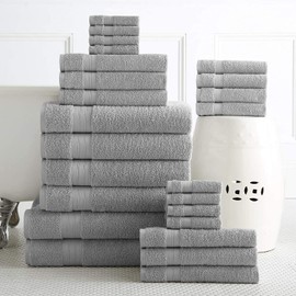24 Piece 100% Ring Spun Cotton Bath Towel Set, Oversize Bath Sheet, Bath Towels, Hand Towels, Washcloths and Tip Towels-, Soft and Absorbent Bath Towels for Home, Bath, and Spa - Platinum