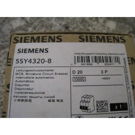 Siemens New Siemens 5SY4320-8 MCB D20 20A 3P 400V 10KA Miniature Circuit Breaker Sealed