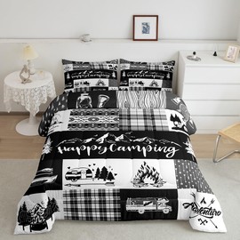 Castle Fairy Camper Patchwork Comforter Set Queen Size,RV Happy Camping Hunting Adventure Bedding Set for Women Adult,Travel Trailers Decor Boho Aztec Exotic Luxury Bed Duvet Insert, 2 Pillowcases