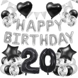 20th Birthday Balloons, Decorated, 31.5 inches (80 cm), 20 Number Balloons, Combination, Happy Birthday Garland, Numeric Balloons, Confetti Balloons, Party Surprise, Includes Air Pump, 40 Pieces (Black, 20)