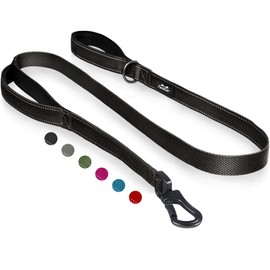TwoEar 6FT 1IN Strong Black Dog Leash with 2 Padded Handles, Traffic Handle Extra Control, Comfortable Soft Dual Handle, Auto Lock Hook, Reflective Walking Lead for Small Medium and Large Dogs